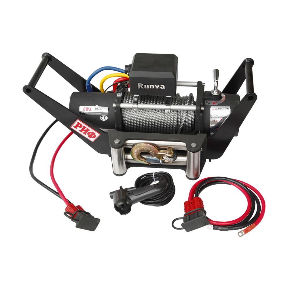 Лебёдка переносная РИФ 9500 c площадкой в квадрат для фаркопа и проводами (в сборе)